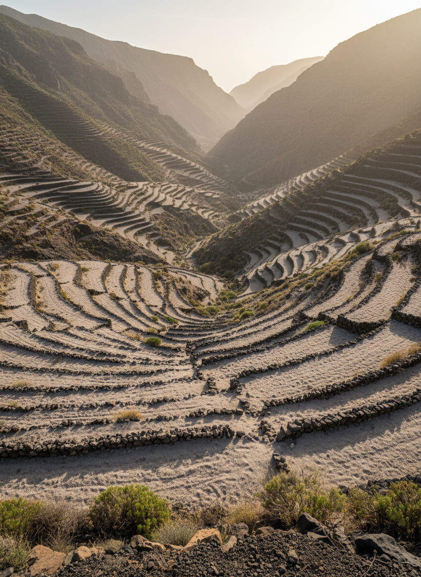 A dramatic photographic landscape of La Gomera's steep, stepped terraces descending into a deep barranco, the stone walls and bare soil surfaces coated by a thin, light-toned dust layer that contrasts with the dark, underlying volcanic substrate. Sparse, hardy vegetation clings to the terrace edges, suggesting fragile soil development under harsh conditions. Low-angle late-afternoon sunlight grazes across the terraces, casting elongated shadows that reveal fine-scale surface roughness and subtle erosional patterns. Shot from a high vantage point with a wide-angle lens, the composition follows the curves of the valley into a softly hazy, dust-laden horizon. The atmosphere is contemplative and slightly austere, with crisp photographic realism and a professional, research-oriented aesthetic that highlights the geomorphological role of Staubeintrag in shaping the island's landscapes.