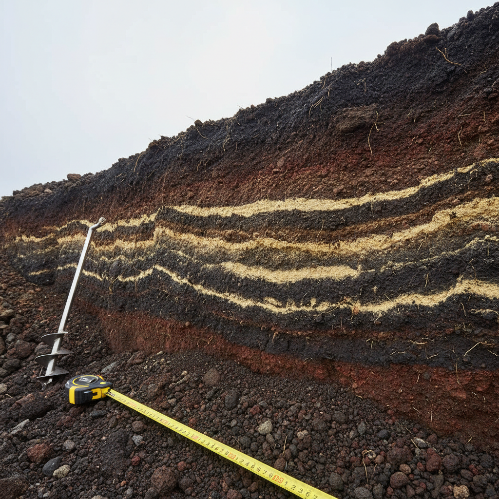 A close-up photographic scene of an exposed soil profile on La Gomera, cut into a dark volcanic slope, showing distinct horizons influenced by Staubeintrag. Fine, light-colored dust layers are clearly visible within the darker, weathered basalt-derived soil, forming thin, irregular bands and lenses. A sturdy metal soil auger and a clean measuring tape lie neatly on the rocky ground beside the profile, hinting at careful scientific sampling. Soft, diffused overcast light minimizes harsh shadows and reveals subtle color differences and textures in the soil aggregates. Shot at eye level with the profile filling most of the frame, the mood is precise, analytical, and professional, with photographic realism and a neutral, documentary style suitable for an educational research project website.