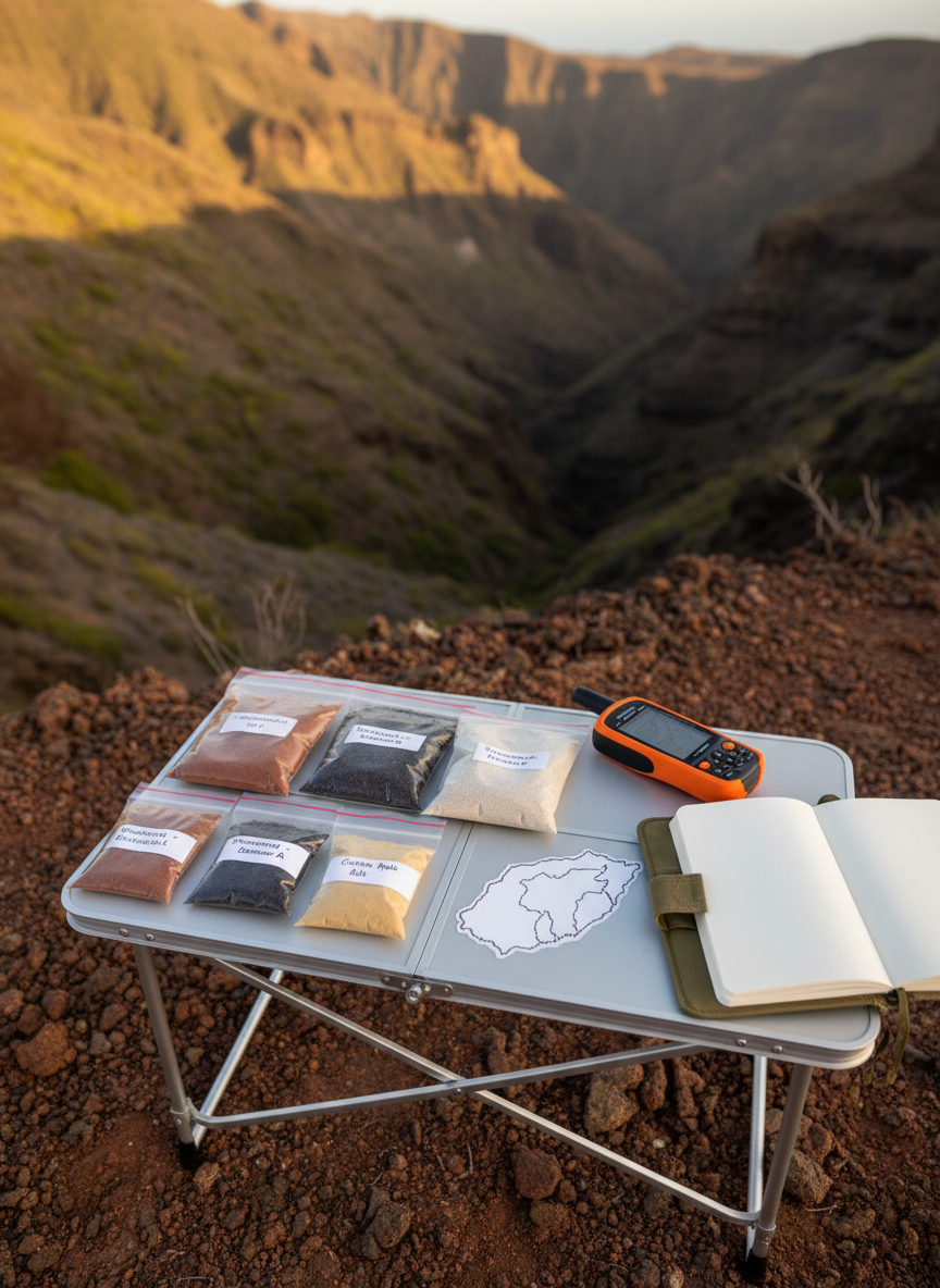 A photographic top-down view of a portable field table set up on a stony plateau of La Gomera, surrounded by blurred volcanic ridges and deep barrancos in the background. On the table lie labeled sample bags filled with differently colored soils and dust, a rugged GPS receiver, a clean field notebook open to blank pages, and a simple, stylized map of the island without any text. Late-afternoon golden light bathes the scene, creating warm highlights on the instruments and subtle shadows on the rough tabletop. Captured with a shallow depth of field, the focus rests on the textures of dust and soil grains inside transparent bags. The mood is organized, methodical, and quietly adventurous, emphasizing ongoing research into Staubeintrag and Verwitterung.