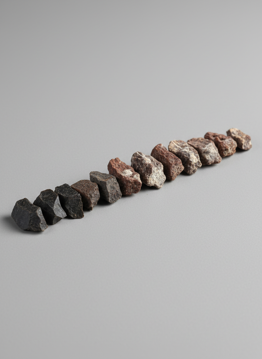 A controlled photographic close-up of weathered basalt rock fragments collected from La Gomera, arranged in a neat row on a neutral, matte surface. Each fragment shows different degrees of chemical weathering influenced by dust input: some pieces retain sharp, dark, glassy surfaces, while others display reddish, crumbly rinds and thin, pale coatings of dust-derived material. Soft, even studio-style lighting from above eliminates harsh reflections and brings out micro-cracks, pits, and color variations on each rock. Captured from a slightly elevated angle with high resolution and sharp focus, the composition is centered and minimal, evoking a clean, professional laboratory documentation style. The mood is precise and analytical, ideal for illustrating the connection between Staubeintrag, Verwitterung, and the early stages of Bodenentwicklung.